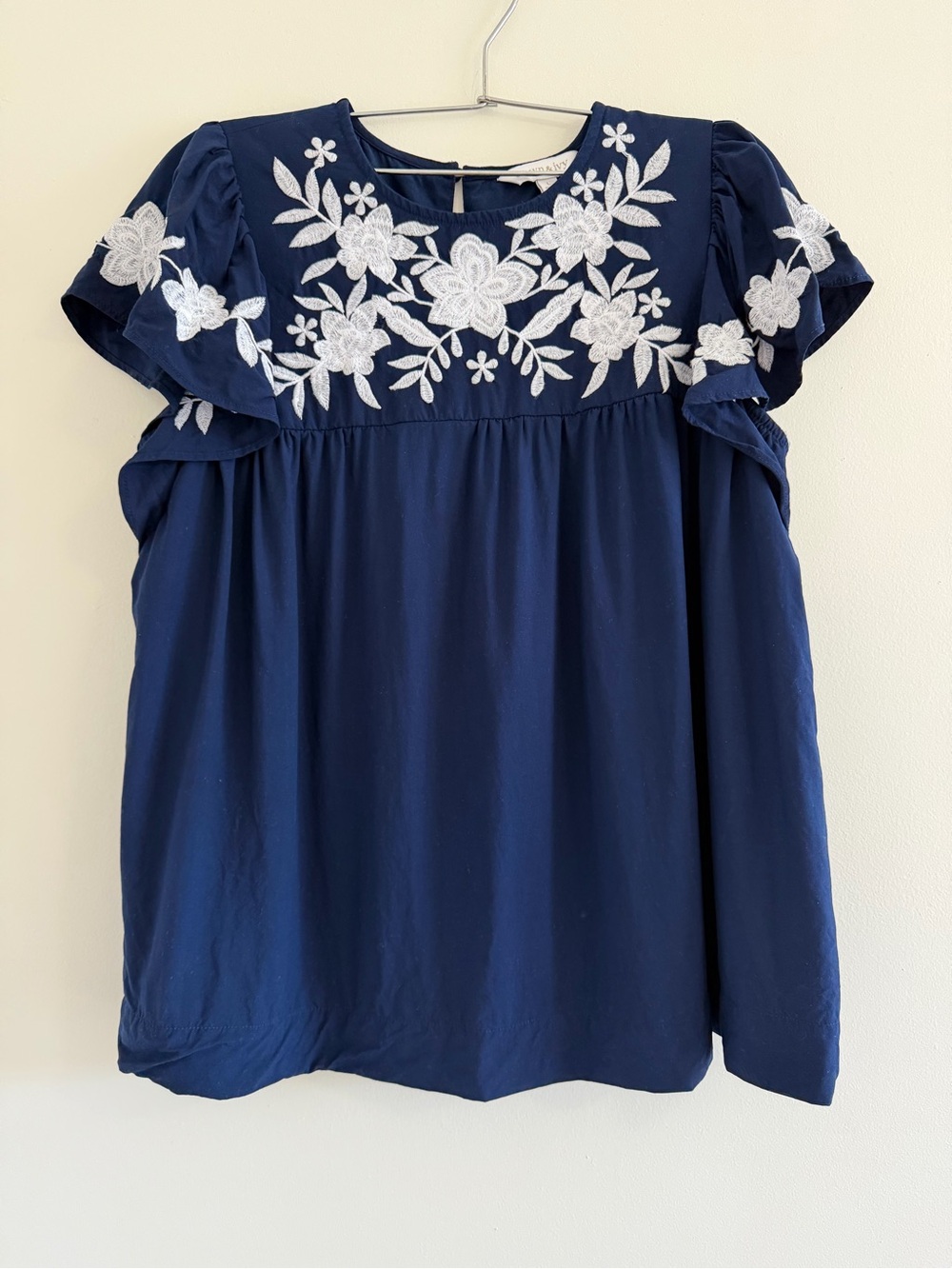 Crown & Ivy Embroidered Flutter Sleeve Top